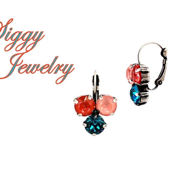 Triple Drop Earrings made with Genuine Austrian Crystals in Coral and Teal - Picture 3 of 6